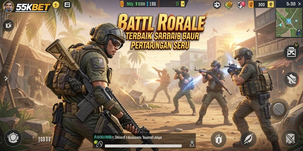 Screenshot utama 55KBET menampilkan aksi seru dalam pertempuran Battle Royale.