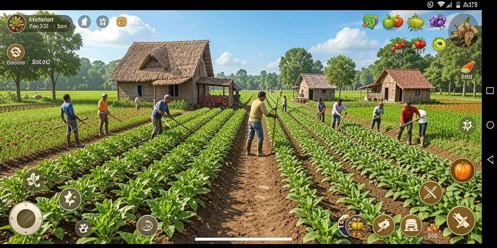 Screenshot gameplay API77 menampilkan ladang yang subur dan hewan ternak yang bahagia.