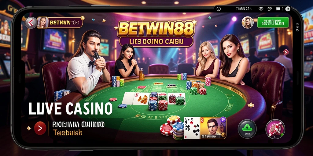 Screenshot utama BETWIN88 menampilkan dealer langsung dalam permainan kasino.