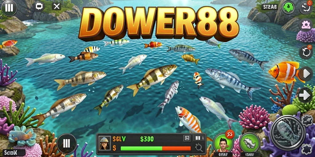 Screenshot DOWER88 menampilkan aksi seru berburu ikan di bawah laut.