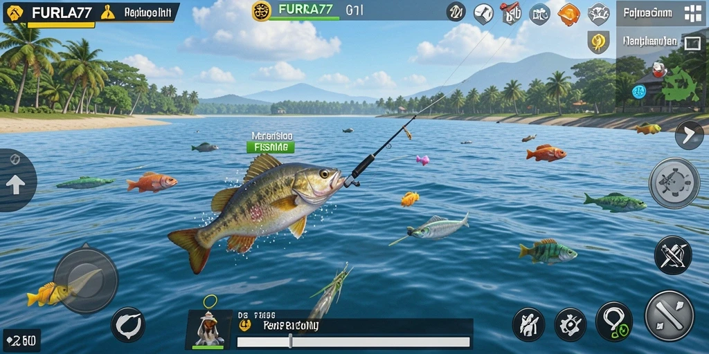 Tampilan menarik dalam gameplay FURLA77 saat memancing di danau.