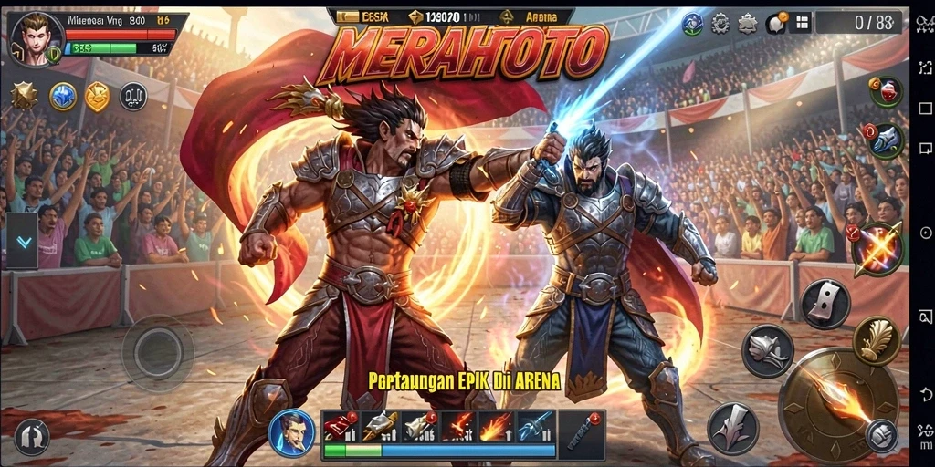 Gameplay MERAHTOTO yang penuh aksi di arena pertarungan.